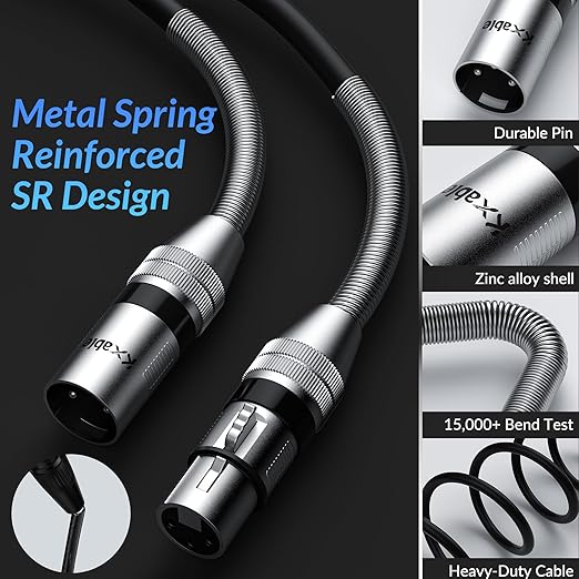 XLR Microphone Cable 15 FT, XLR Male to Female Balanced Mic Cable, 3-Pin Shielded Speaker Cord, Zinc Alloy Connectors, 22AWG Pure Copper, Metal Spring SR, Recording Studio, Podcast, Black