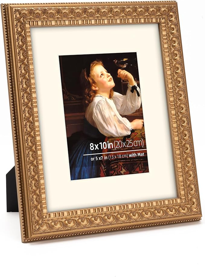 8x10 in Antique Gold Ornate Vintage Wood Picture Frame, Matted for 5x7 Photos, Real Glass Protection, Tabletop or Wall Mounting Display
