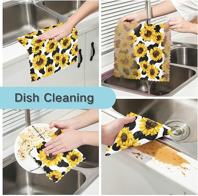 CaTaKu Sunflower Cow Kitchen Dish Cloths for Washing Dishes Reusable Cleaning Cloth Dish Towels Microfiber Washcloths Dish Rags for Kitchen, 6 Pack