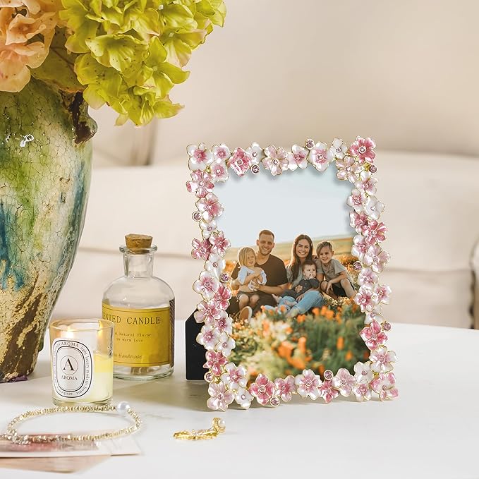 Pink Flower Picture Frame 5x7 Blossom Photo Frame for Tabletop Display, Decorative Flower Design Home Decor