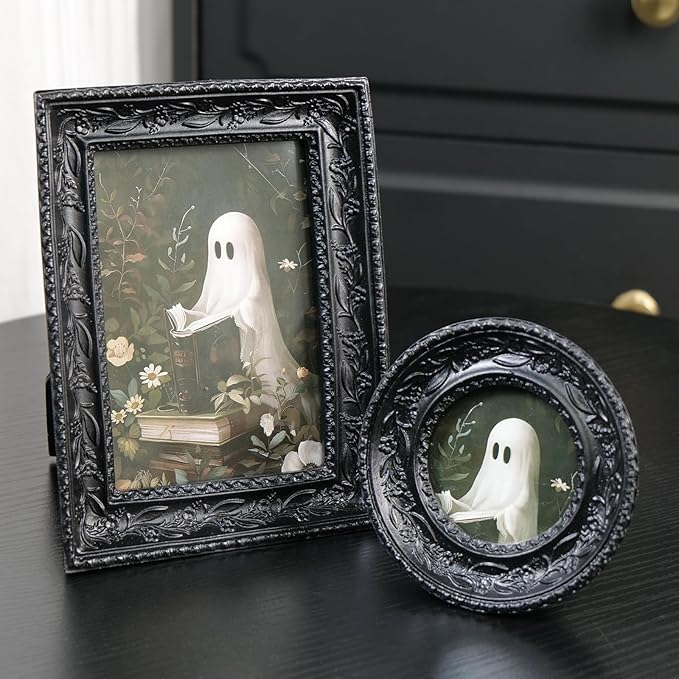 Cuspin Gothic Picture Frame Set of 2, Vintage Ornate Black Resin Frames (4x6 Rectangle & 3x3 Round), Baroque Decorative Photo Frames with Plexiglass Front, Tabletop Easel & Wall Mount