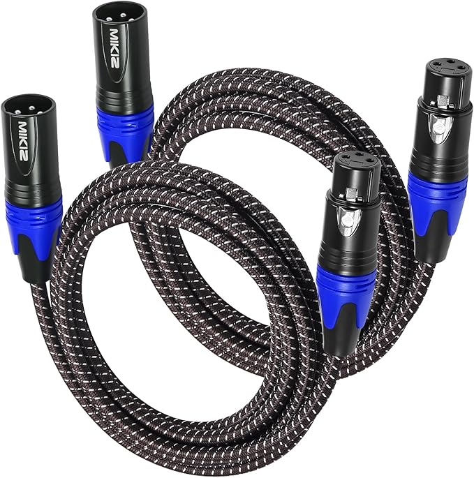 XLR Cables Braided 3ft 2 Pack Color Coded in Blue - Premium Short Anti-tangling 3 Pin XLR Male to Female Patch Cables for Microphone DJ