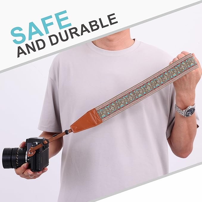 Padwa Lifestyle Matte Gold Camera Strap - 2" Full Grain Leather Ends Camera Straps for Photographers, Vintage Embroidered Cotton Weave Soft Suede Fabric Padded Strap Quick Release fits All Cameras