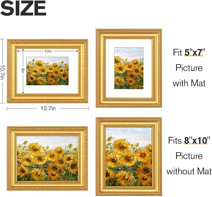 8x10 Gold Picture Frame Set of 2, Ornate Vintage 8 x 10 Photo Frame for Wall Decor or Tabletop Display, 8x10 Gold Frames with Real Glass, Display 5x7 Pictures with Mat or 8x 10 without Mat for Antique Déco