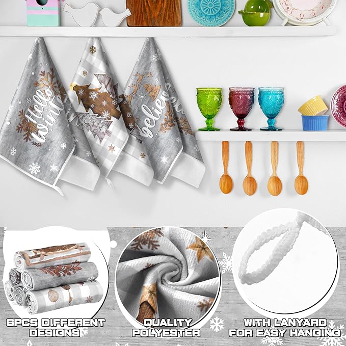 Preboun 6 Pcs Christmas Kitchen Towels Grey Buffalo Plaid Xmas Tree Brown Christmas Dish Hand Kitchen Towels Hello Winter Bathroom Decoration Dish Cloth Tea Cloth