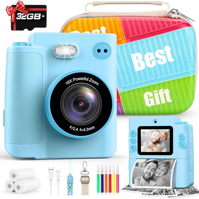 Kids Camera Gift for Boys Girls: Digital Camera Instant Print Support Dual HD Video Toys for Kids Teen Boys Girls Ages 3 4 5 6 7 8 9 10 11 12 Birthday Christmas Valentines Gifts with 32G SD Card Blue