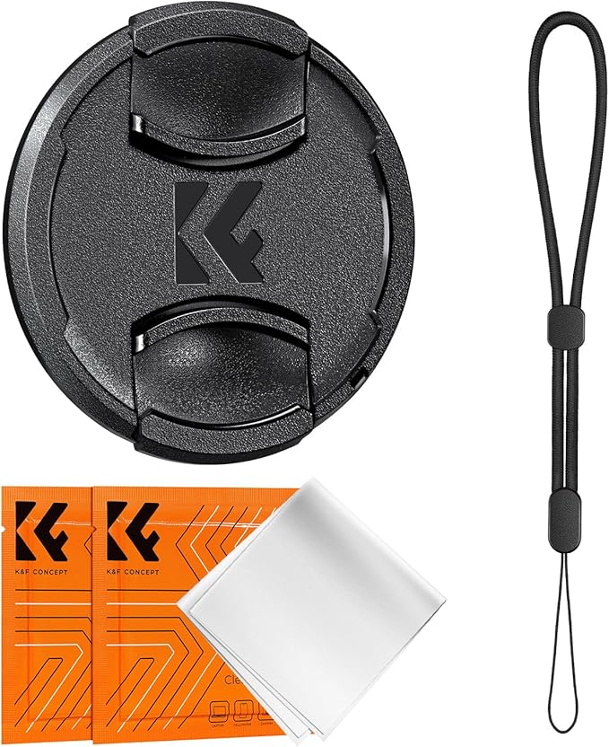 K&F CONCEPT 58mm Lens Cap Cover, 4-in-1 Center Pinch Lens Cover Black Anti-Loss Keeper Leash Microfiber Cleaning Cloth Kits Compatible with Nikon, Canon, Sony, Fujifilm Camera Lenses