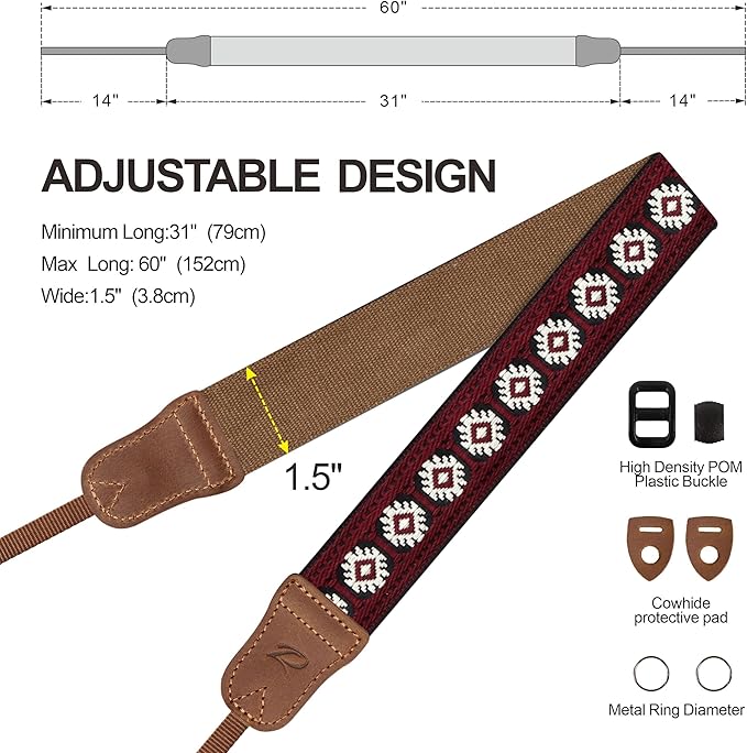 Padwa Lifestyle Camera Strap - 1.5" Crazy Horse Cowhide Head Cotton Strap,Vintage Embroidery Camera Straps for Photographers and All Cameras,Cute Adjustable Shoulder Neck Strap for Adults & Kids