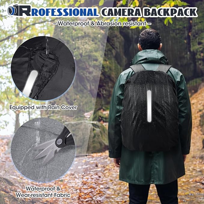 Camera Backpack Camera Bag for Photographers DSLR SLR Mirrorless Camera Cases with Waterproof Rain Cover & Laptop Compartment Fits 14 Inch Laptop,Anti Theft Travel photography backpack,Grey