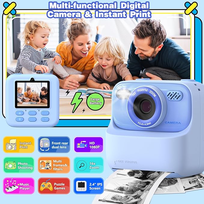 masterbee Kids Camera Instant Print Photo, Birthday Gifts for Girls and Boys, Kids Digital Camera Toys, 1080P HD Video, 3 4 5 6 7 8 9 10 11 12 Year Old Boy Gifts/Girl Gifts
