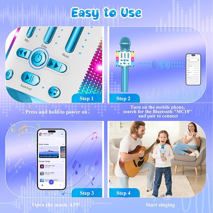 Karaoke Microphone Toys for Kids, Wireless Bluetooth Mic with Lights & Speaker, Portable Home KTV Player System, Perfect Birthday Party for 3-12 Year Old Boys & Girls