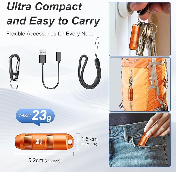 EDC Mini Flashlights High Lumens LED Pocket Keychain Magnetic Activation Flashlight Type-C Rechargeable Small Flashlight Long Battery Life & Long Illumination Distance -LT090 Mini X1 (2, Orange)