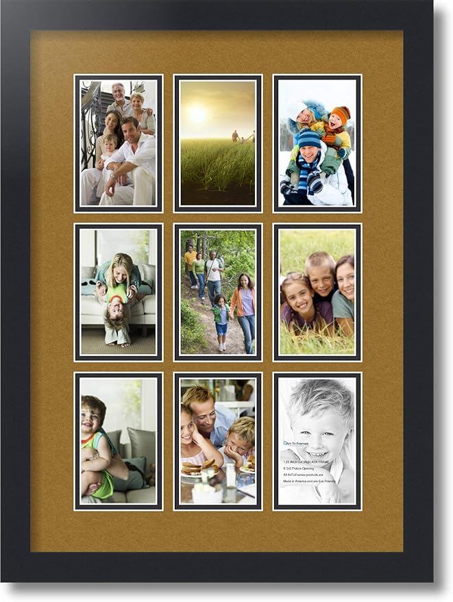 ArtToFrames Collage Photo Frame Double Mat with 9-3x5 Openings with Satin Black Frame and El Dorado mat.