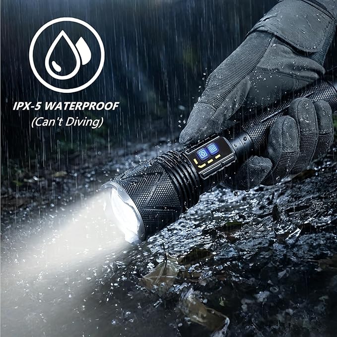 10,000 High Lumens Rechargeable LED Flashlights, 70W High Power XHP360 Wick Super Bright Zoomable Tactical Flashlight with USB Output, Dual Powerd Large Size Flash Light for Emergency Camping Hunting
