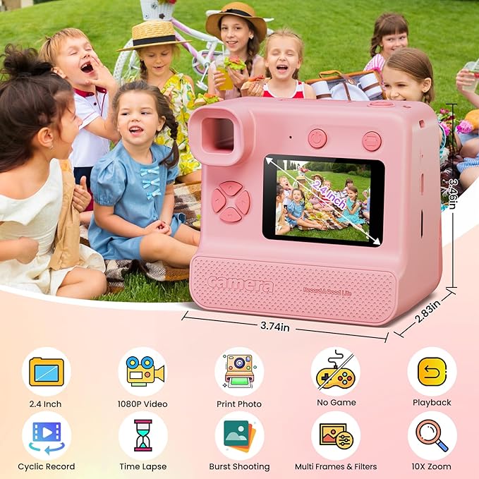 Instant Print Camera for Kids, 1080P Kids Instant Cameras,HD Selfie Digital Video Cameras Toddler 3 Rolls Print Paper & 32G Card,Christams Birthday Gifts for Girls Boys Age 5 6 7 8 9 10