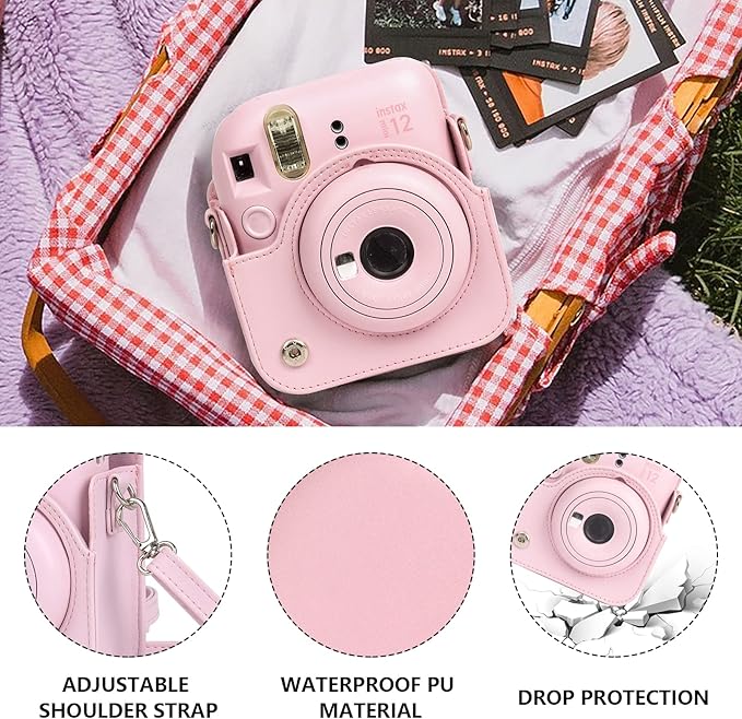 CAIYOULE Camera Case for Fujifilm Instax Mini 12 Instant Film Camera, Retro PU Leather Protective Camera Crossbody Bag for Fuji Mini 12 with 64 Photo Album, Adjustable Shoulder Strap, Blossom Pink