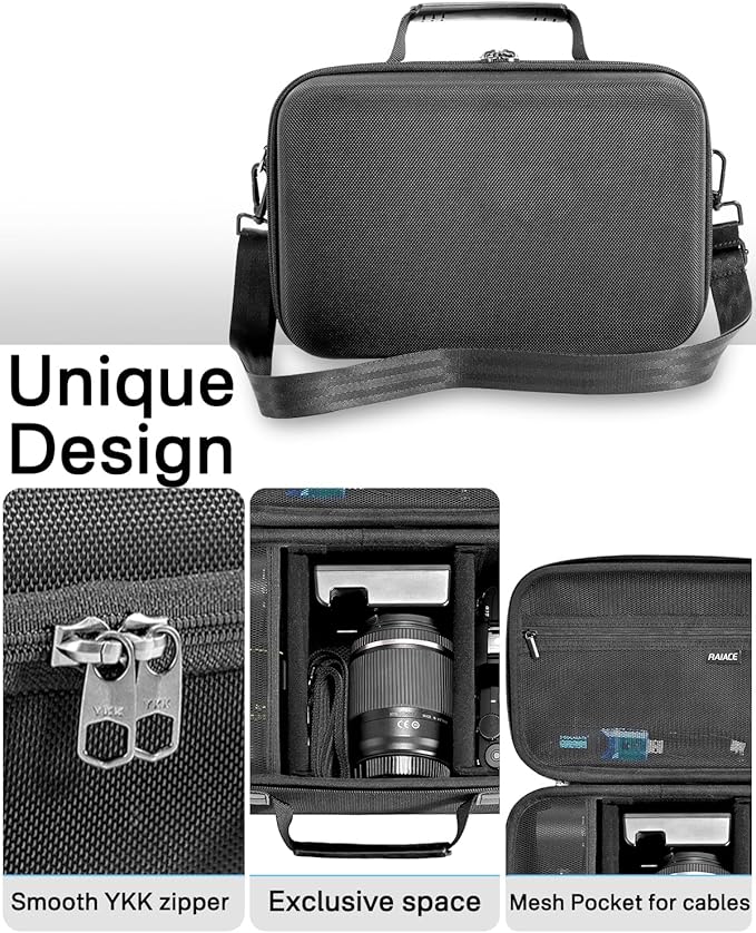 RAIACE Hard Case Compatible with Sony Alpha 7 II III IV/7R V Camera, for Nikon, for Canon, for Pentax and More.Large Capacity With Mesh Pocket for Lens, Charger, Cables, Cards and Accessories.-Black