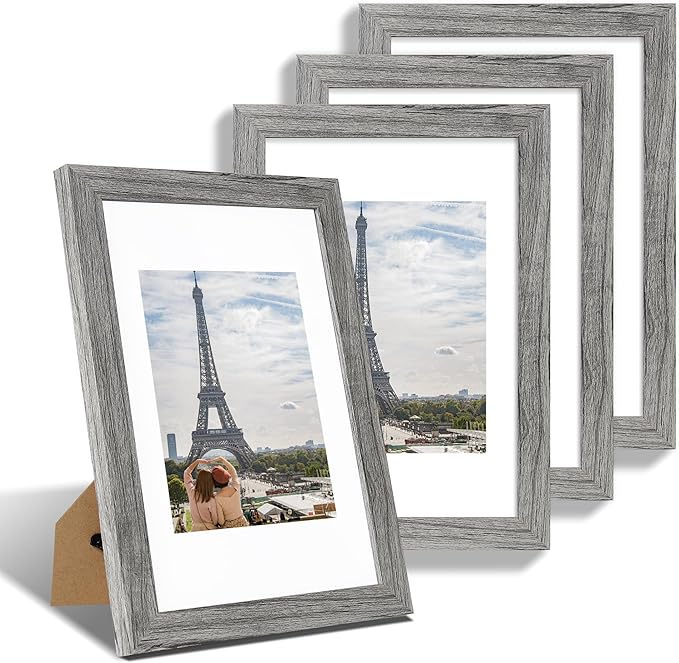 8x12 Picture Frame Set of 4, Made of Glass and Grey Wooden Frame - Display 6x8 Picture with Mat or 8 x 12 Poster Without Mat, 8 by 12 Photo for Wall or Tabletop