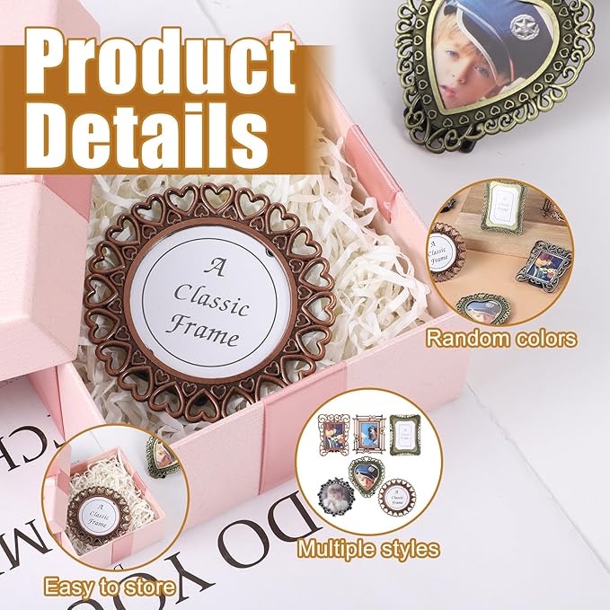 6 Pack Mini Vintage Picture Frame Tiny Metal DIY Photo Frames Wallet Size Picture Frames Tiny Metal Pictures Frame Irregular Size for Tabletop and Wall Display