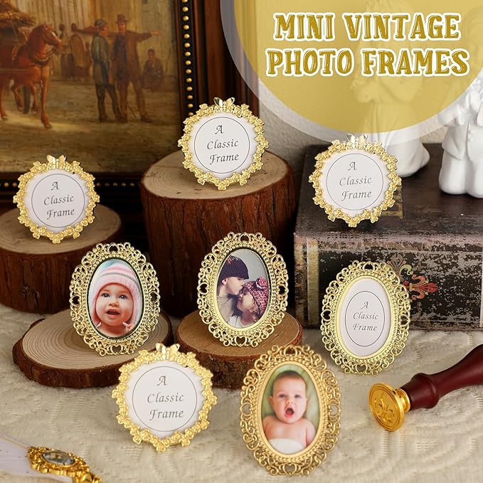 Qunclay 8 Pcs One-inch Mini Vintage Picture Frame Tiny Metal Picture Frames Antique Mini Photo Frame Wallet for Christmas Tabletop and Wall Display Old Fashioned Photo Gallery Art Decor