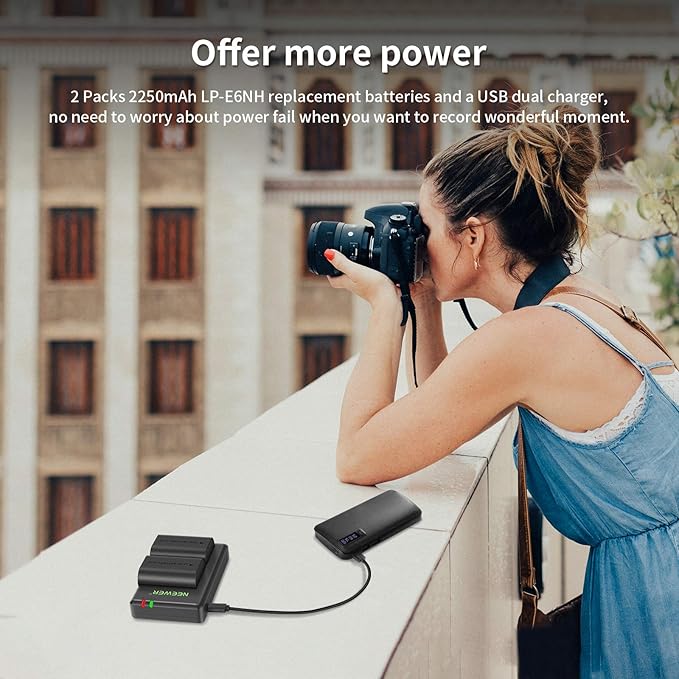 NEEWER Replacement Battery and Charger Set for LP-E6NH, Compatible with Canon EOS R7, R5, R6, 5D II, 6D, 7D, 70D, 80D, 90D, 2-Pack 2250mAh Batteries and Dual Channel USB Charger
