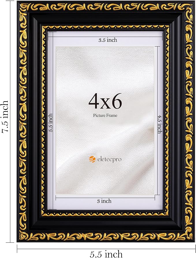 eletecpro 4x6 Picture Frames Set of 4, Gothic Frame with Glass Cover, Ornate Vintage Photo Frames 4 by 6 Display 3.5x5 Photo with Mat or 4x6 without Mat for Tabletop or Wall Decor, Black Gold