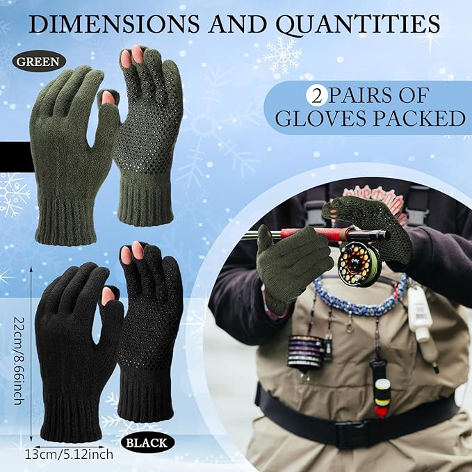 Geyoga 2 Pairs Wool Fingerless Fishing Gloves for Men Women Anti-Slip with Grip Dots Warm Winter Fly Ice Fishing Gloves