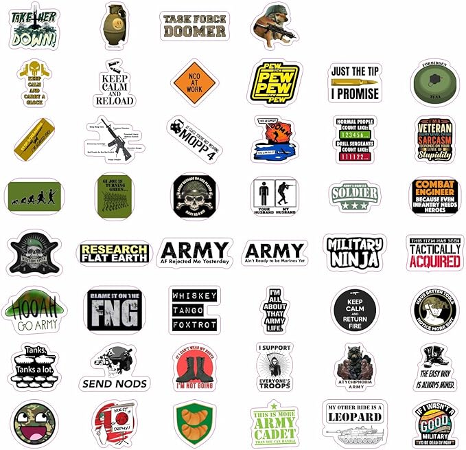 BulbaCraft 100Pcs Funny Army Stickers and Decals — Small Vinyl Military Stickers and Decals for Hard Hat & Helmets, Military or Army Gifts, Gifts for Women & Men