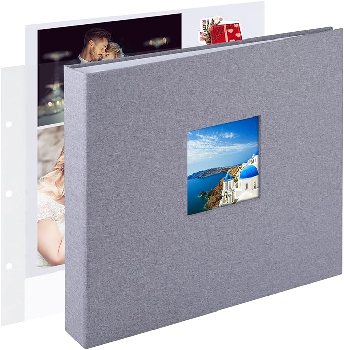 1DOT2 12x12 Inch Large 3 Ring DIY Scrapbook Photo Album Journal with 30 Plastic Sleeves 60 Pages and Fabric Cover for Baby Travel Wedding Couple Anniversary kids Adventure (Gray Cover/White Pages)