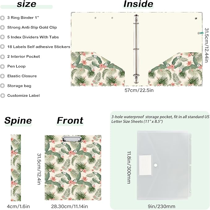 Etzul 3 Ring Binder 1 inch with Clipboard - Tropical Palm Leaf Design, Includes Dividers, File Bag & Spine Label - Perfect for School, Office, and Organization, Holographic Waterproof Film