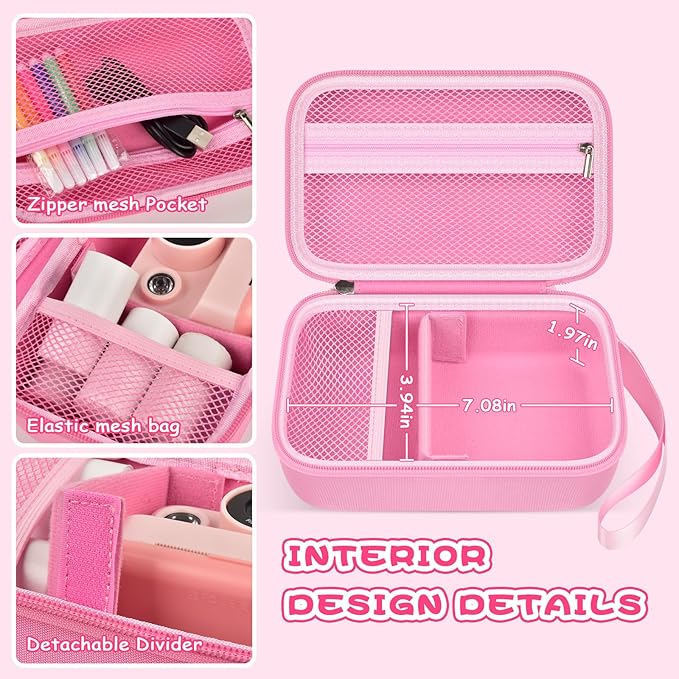 Kids Instant Print Camera Case for Dylanto/for Gofunly/for DUDUDRAGON/for ESOXOFFORE, Digital Video Camera Storage Box with 3 Roll Papers, Holder for Color Pen and Accessories (Bag Only)- Pink