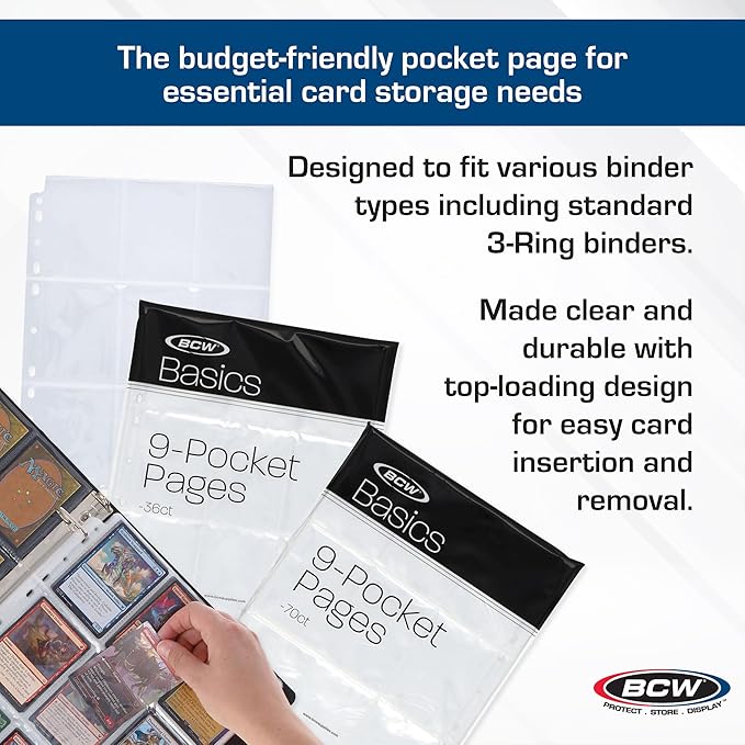 BCW Basics 9-Pocket Pages (70 Pack) | Binder Sheets for Trading & Sports Cards | Archival Protectors for Collectibles
