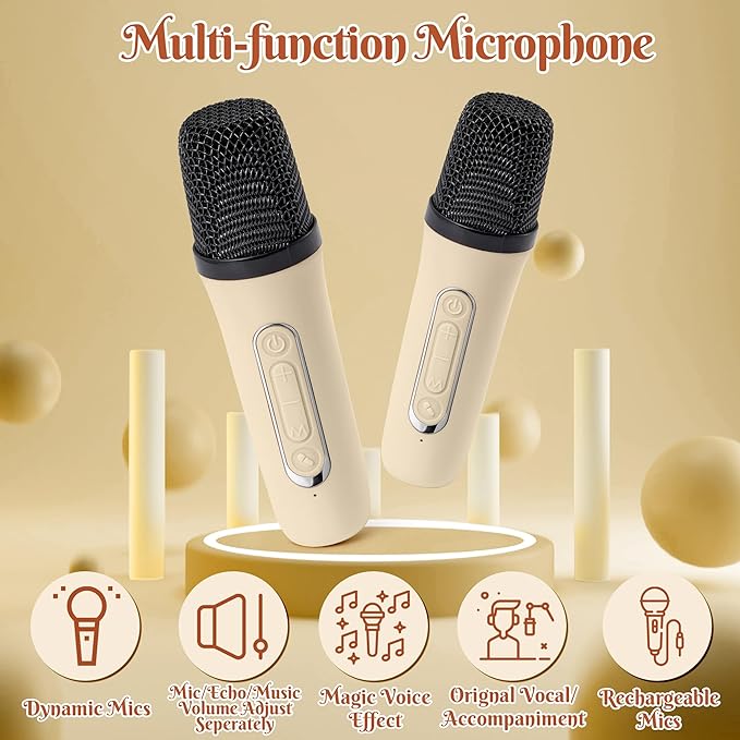 MALLMALL6 Mini Karaoke Machine with 2 Wireless Microphone for Kids Portable Bluetooth 5.3 Karaoke Mic LED Color Lights Speaker Christmas Birthday Family Home Party Toys Gift for Boys Girls Beige