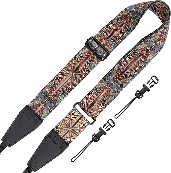 Padwa Lifestyle Adjustable Camera Strap - 2" Top Layer Cowhide Head Camera Straps for Photographers,Soft Cotton Crossbody Strap with Quick Release fits All Cameras - Bohemia