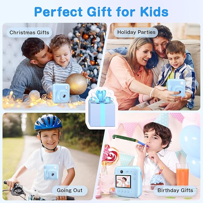 Kids Camera Instant Print, Dual-Lens 48MP Digital Camera for Christmas Birthday Gifts, 1080P Selfie Instant Cameras for Kids with 32GB Card, Print Digital Cameras for Girls Boys-Blue