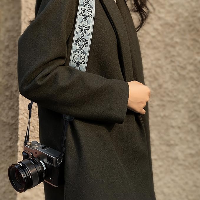 Padwa Lifestyle Camera Strap - 2" Wide Vintage Jacquard Embroidery Grey Flower Camera Straps with Genuine Leather Head,Adjustable Neck Shoulder Strap for All Cameras and Men & Women Photographers