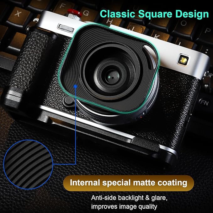 Haoge Lens Hood Metal Squaret for Fujifilm XE5 XF 23mm f2.8 Kit Fujinon XF27mmF2.8 R WR Lense Hood Black with 39mm E39 Filter Thread,Screw-in Lens Hood with Hollow Out Designed