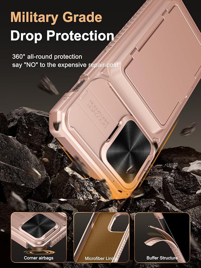 Vihibii for iPhone 15 Pro Max Wallet Case with Card Holder (4 Cards) & Slide Lens Cover & Stand, Shockproof Rugged Hard Back & Raised Edges Protection Case for iPhone 15 Pro Max, 6.7" 2023, Rose Gold