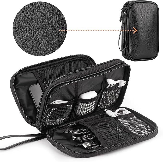 Arae Leather Travel Essentials Electronic Organizer - Double Layer, Waterproof Case for Cables, Chargers & More - Portable, Shockproof Pouch for All Electronics Accessories (Leather Black, M)