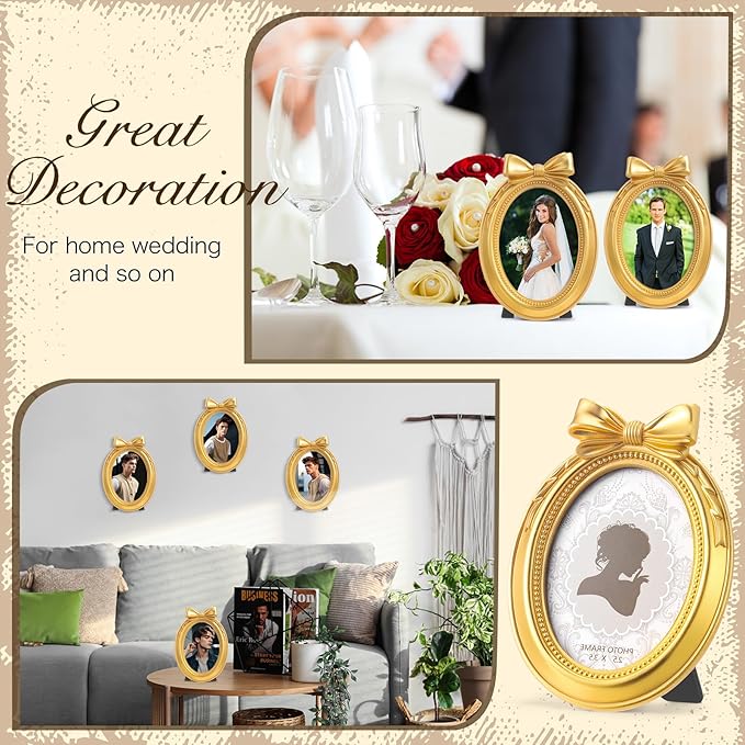 Vicenpal 6 Pcs Mini Gold Frames Small Vintage Picture Frames 2.5 x 3.5 Inch Oval Resin Antique Baroque Ornaments with Glass Panel and Rack Stands
