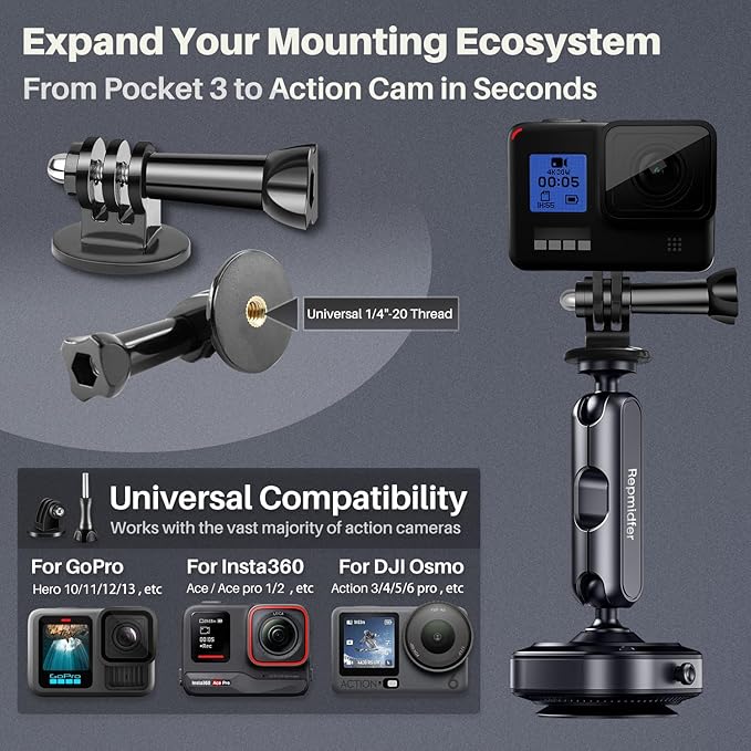 Pocket 3 Suction Cup Camera Mount, [Auto-Seal & Quick Release] Car Windshield Window Dash Holder Accessories for DJI Osmo Action 6/5 Pro/4/Nano, GoPro Hero 13-11, Insta360 X5 X4 ACE Pro 2