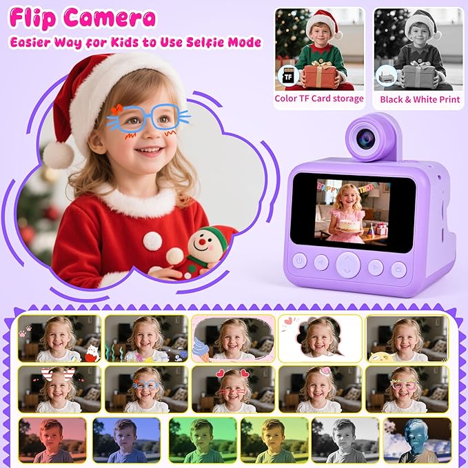 Kids Instant Print Camera, 30MP 1080P HD Digital Camera for Boys Girls with Color Pens & 32GB Card, Christmas Birthday Gifts Kids Toys for 3-12 Years Old (Purple)