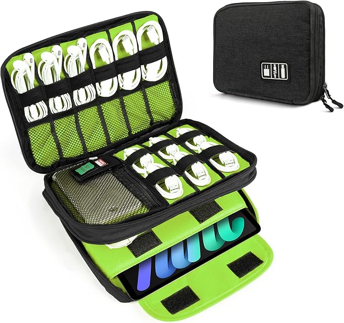 Luxtude Double Layer Cable Organizer Bag, Portable Cord Storage Case, Flat Electronic Organizer Travel Case, Portable Tech Bag for Cable/Cord Storage/iPad (up to 7.9")/Wall Charger/Electronics
