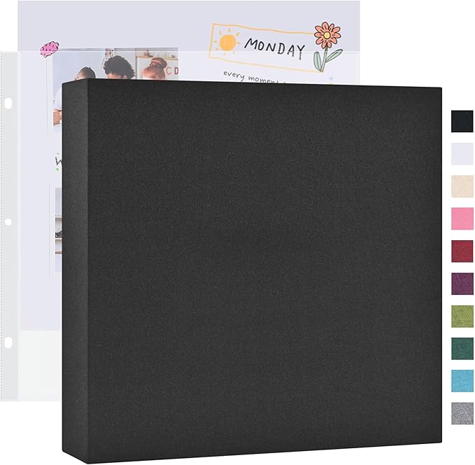 Mublalbum 12x12 Inch Large 3 Ring DIY Scrapbook Photo Album with 20 Plastic Sleeves 40 Pages Linen Cover Folder Binder for Baby Travel Wedding Anniversary and DIY Projects (Black)