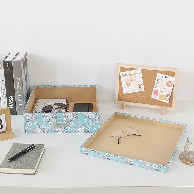 Soul & Lane Photo Storage Box with Lid, 14.8 × 13.0 × 3.7 Inches, Floral Keepsake Memory Organizer, Cardboard Storage for Photo Albums, Scrapbooks, Artwork, Stationary, Memorabilia, Blue Cottage