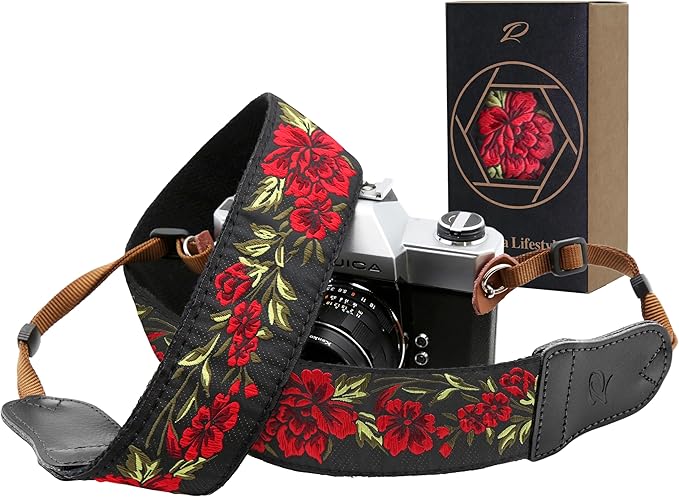 Padwa Lifestyle Rose Flower Camera Strap - 2" Wide Double Layer Cowhide Head,Pure Cotton Embroidery Camera Shoulder Straps,Adjustable Camera Neck Strap for All DSLR Cameras, Gifts for Photographers