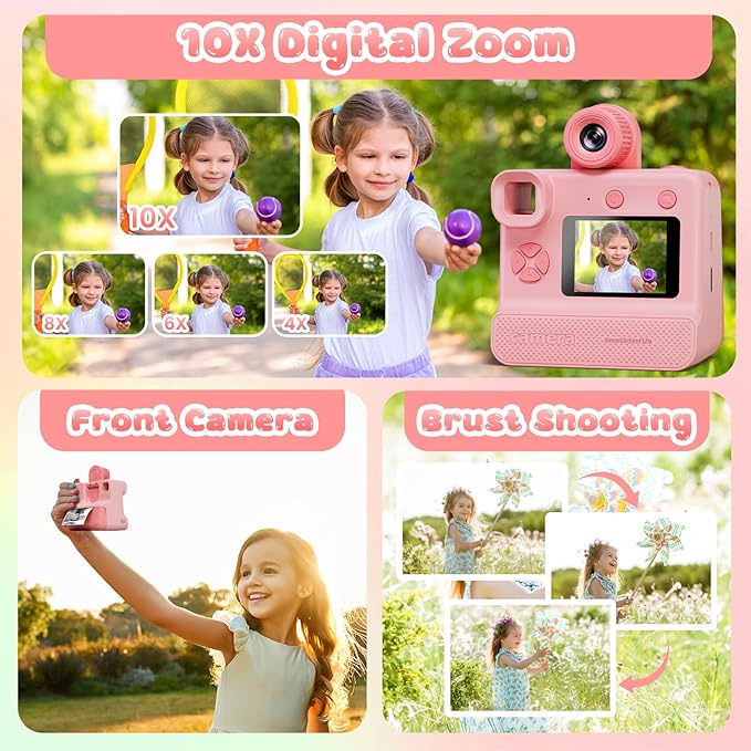 Instant Print Camera for Kids, 1080P Kids Instant Cameras,HD Selfie Digital Video Cameras Toddler 3 Rolls Print Paper & 32G Card,Christams Birthday Gifts for Girls Boys Age 5 6 7 8 9 10