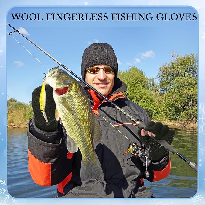 Geyoga 2 Pairs Wool Fingerless Fishing Gloves for Men Women Anti-Slip with Grip Dots Warm Winter Fly Ice Fishing Gloves