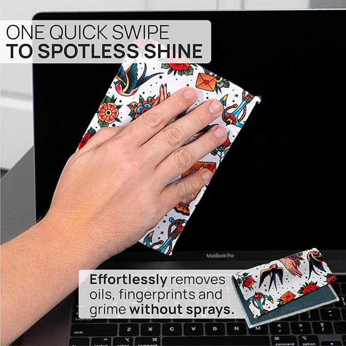 Quick Cloth Microfiber Glasses Cleaning Cloths – 5x7, Tattoo, 2 Pack with Case | Double-Sided Lens Cleaner for Eyeglasses, Camera, Screens & Glass | Reusable Microfiber Glass Polishing Cloths