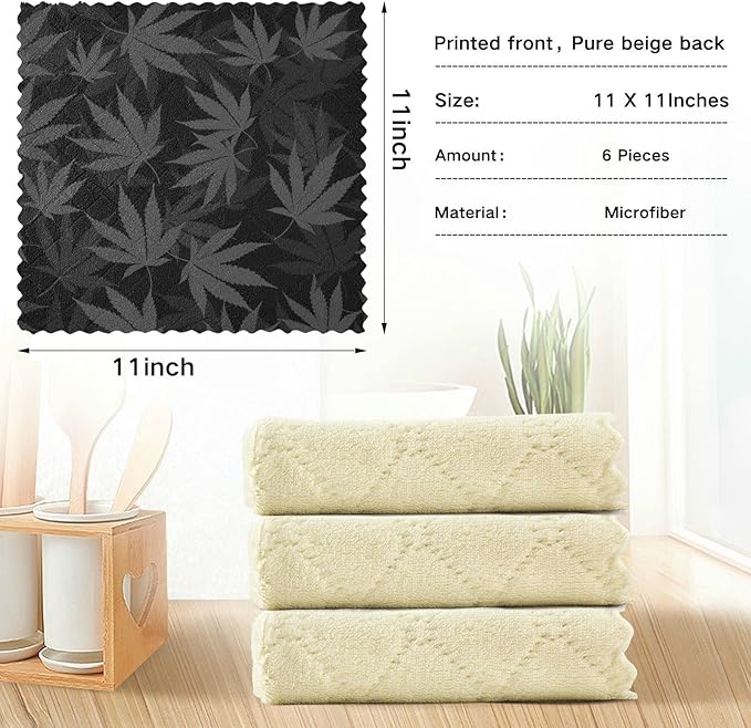 CaTaKu 6 Pack Marijuana Leaves Grey Kitchen Dish Cloths for Washing Dishes Cleaning Cloth Dish Towels Reusable Microfiber Washcloths Dish Rags for Kitchen